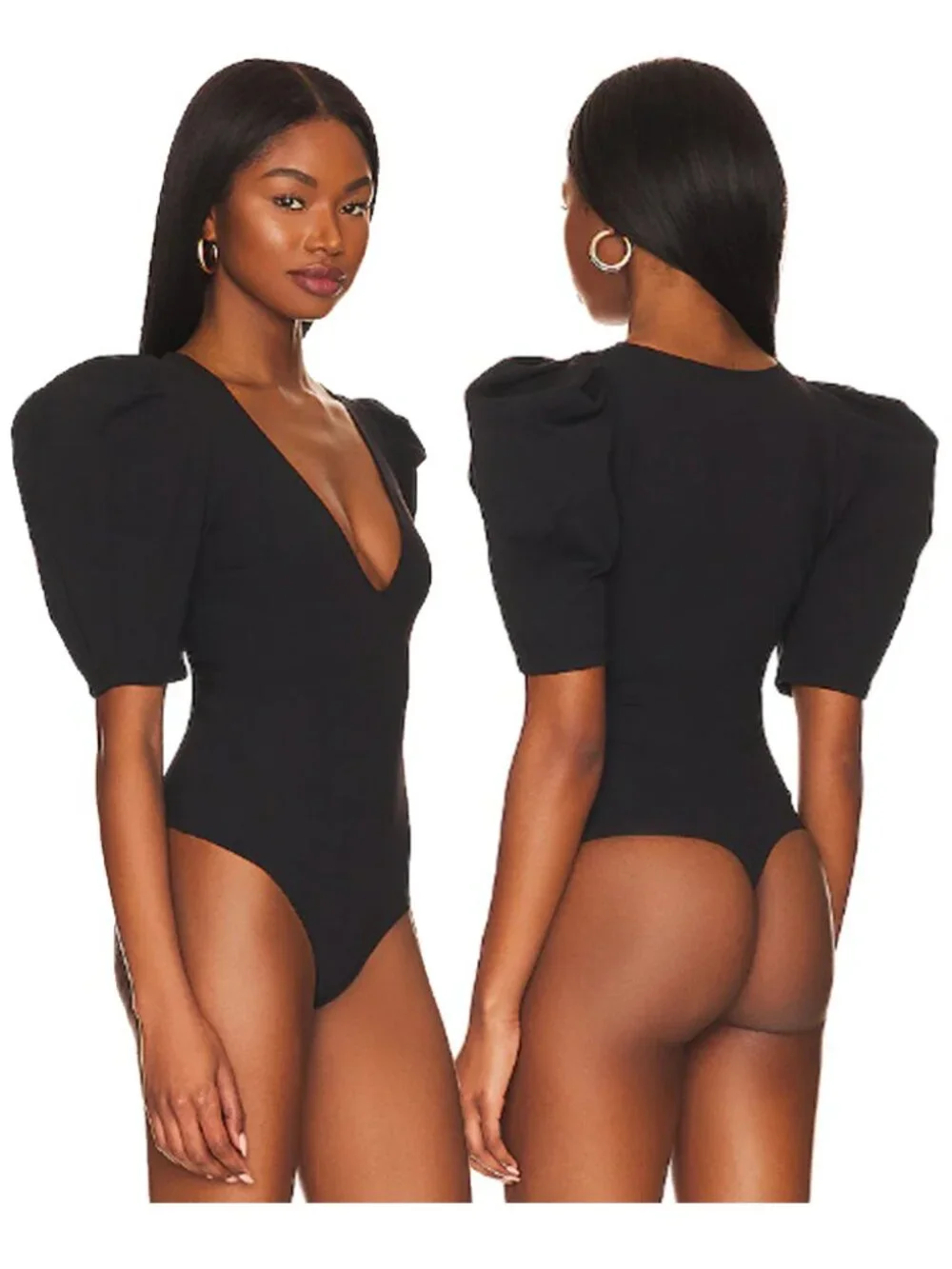 Free People Va Va Voop Duo Bodysuit Puff Sleeve Black Thong Size S - Picture 2 of 16
